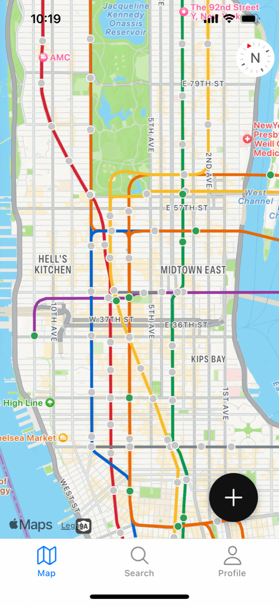 Map tab showing the full subway system colored by visit status