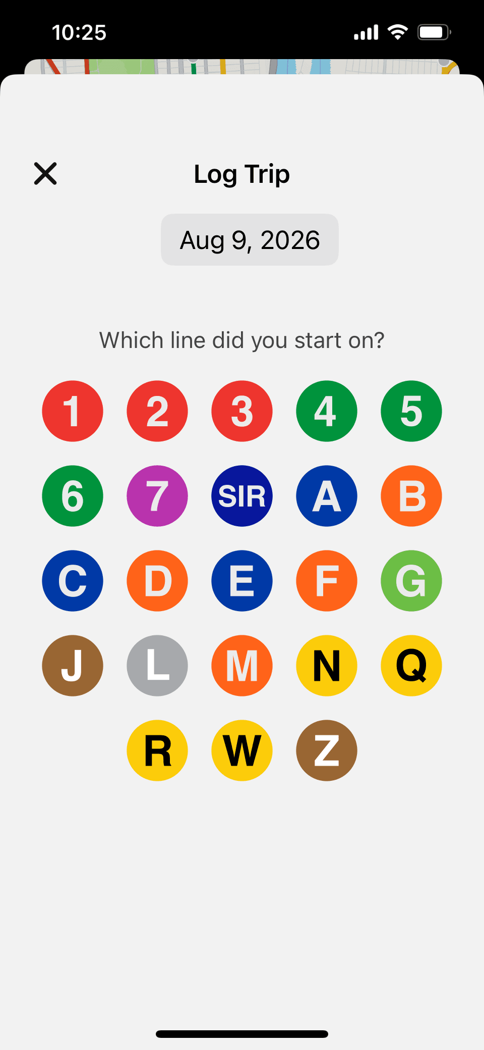 Log Trip screen with a grid of subway line icons to pick from