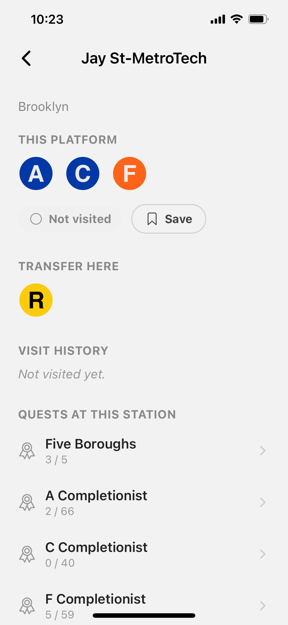 Jay St-MetroTech station detail page showing routes, transfers, and quests