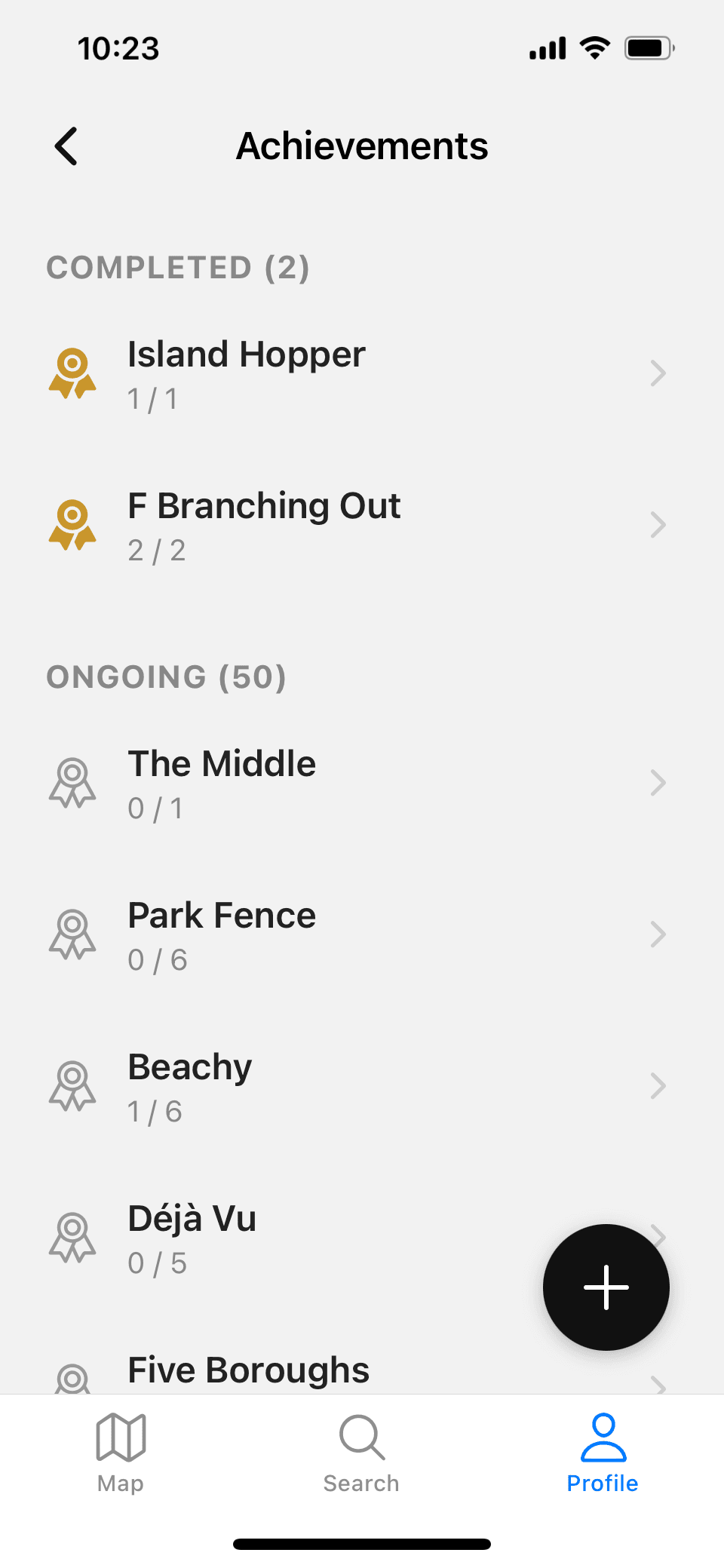 Achievements screen listing completed and ongoing quests